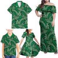 Forest Green Monstera Family Matching Off Shoulder Maxi Dress and Hawaiian Shirt Polynesian Tribal Pattern - Polynesian Pride