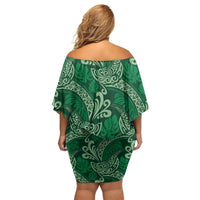 Forest Green Monstera Family Matching Off Shoulder Short Dress and Hawaiian Shirt Polynesian Tribal Pattern - Polynesian Pride