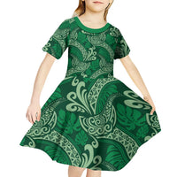 Forest Green Monstera Kid Short Sleeve Dress Polynesian Tribal Pattern LT01 - Polynesian Pride