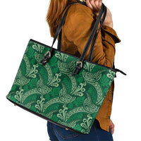 Forest Green Monstera Leather Tote Bag Polynesian Tribal Pattern - Polynesian Pride