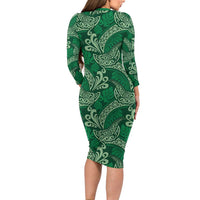 Forest Green Monstera Long Sleeve Bodycon Dress Polynesian Tribal Pattern - Polynesian Pride