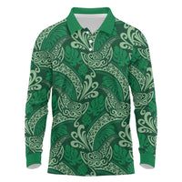 Forest Green Monstera Long Sleeve Polo Shirt Polynesian Tribal Pattern LT01 Green - Polynesian Pride
