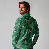 Forest Green Monstera Long Sleeve Polo Shirt Polynesian Tribal Pattern LT01 - Polynesian Pride