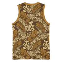 Brown Gold Monstera Basketball Jersey Polynesian Tribal Pattern LT01 - Polynesian Pride
