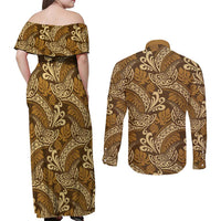 Brown Gold Monstera Couples Matching Off Shoulder Maxi Dress and Long Sleeve Button Shirt Polynesian Tribal Pattern LT01 - Polynesian Pride