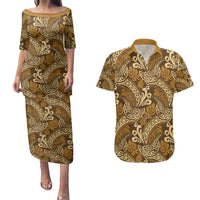 Brown Gold Monstera Couples Matching Puletasi and Hawaiian Shirt Polynesian Tribal Pattern LT01 Gold - Polynesian Pride