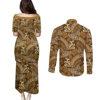 Brown Gold Monstera Couples Matching Puletasi and Long Sleeve Button Shirt Polynesian Tribal Pattern LT01 - Polynesian Pride