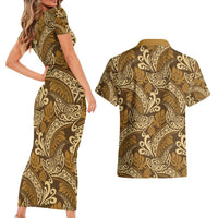 Brown Gold Monstera Couples Matching Short Sleeve Bodycon Dress and Hawaiian Shirt Polynesian Tribal Pattern - Polynesian Pride
