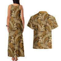 Brown Gold Monstera Couples Matching Tank Maxi Dress and Hawaiian Shirt Polynesian Tribal Pattern - Polynesian Pride