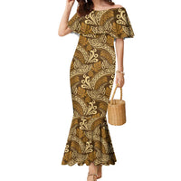 Brown Gold Monstera Family Matching Mermaid Dress and Hawaiian Shirt Polynesian Tribal Pattern LT01 Mom's Dress Gold - Polynesian Pride