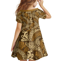 Brown Gold Monstera Family Matching Off The Shoulder Long Sleeve Dress and Hawaiian Shirt Polynesian Tribal Pattern - Polynesian Pride