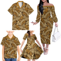 Brown Gold Monstera Family Matching Off The Shoulder Long Sleeve Dress and Hawaiian Shirt Polynesian Tribal Pattern - Polynesian Pride