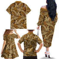 Brown Gold Monstera Family Matching Off The Shoulder Long Sleeve Dress and Hawaiian Shirt Polynesian Tribal Pattern - Polynesian Pride