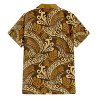 Brown Gold Monstera Family Matching Off The Shoulder Long Sleeve Dress and Hawaiian Shirt Polynesian Tribal Pattern - Polynesian Pride