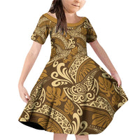 Brown Gold Monstera Family Matching Off Shoulder Short Dress and Hawaiian Shirt Polynesian Tribal Pattern - Polynesian Pride