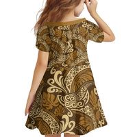 Brown Gold Monstera Family Matching Off Shoulder Short Dress and Hawaiian Shirt Polynesian Tribal Pattern - Polynesian Pride