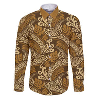Brown Gold Monstera Family Matching Puletasi and Hawaiian Shirt Polynesian Tribal Pattern LT01 Dad's Shirt - Long Sleeve Gold - Polynesian Pride