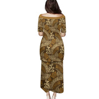 Brown Gold Monstera Family Matching Puletasi and Hawaiian Shirt Polynesian Tribal Pattern LT01 - Polynesian Pride