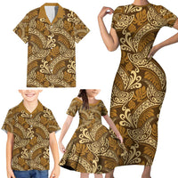 Brown Gold Monstera Family Matching Short Sleeve Bodycon Dress and Hawaiian Shirt Polynesian Tribal Pattern - Polynesian Pride