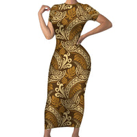 Brown Gold Monstera Family Matching Short Sleeve Bodycon Dress and Hawaiian Shirt Polynesian Tribal Pattern - Polynesian Pride