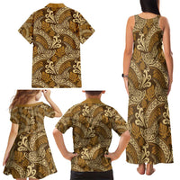Brown Gold Monstera Family Matching Tank Maxi Dress and Hawaiian Shirt Polynesian Tribal Pattern - Polynesian Pride