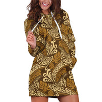 Brown Gold Monstera Hoodie Dress Polynesian Tribal Pattern LT01 Gold - Polynesian Pride