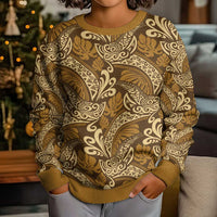 Brown Gold Monstera Kid Ugly Christmas Sweater Polynesian Tribal Pattern LT01 - Polynesian Pride