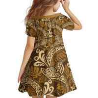 Brown Gold Monstera Kid Short Sleeve Dress Polynesian Tribal Pattern LT01 - Polynesian Pride