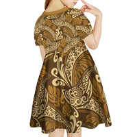Brown Gold Monstera Kid Short Sleeve Dress Polynesian Tribal Pattern LT01 - Polynesian Pride
