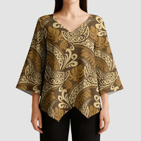 Brown Gold Monstera Kimono Sleeve Blouse Polynesian Tribal Pattern LT01 - Polynesian Pride