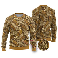 Brown Gold Monstera Ugly Christmas Sweater Polynesian Tribal Pattern - Polynesian Pride