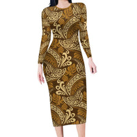 Brown Gold Monstera Long Sleeve Bodycon Dress Polynesian Tribal Pattern - Polynesian Pride
