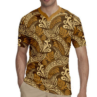 Brown Gold Monstera Rugby Jersey Polynesian Tribal Pattern - Polynesian Pride