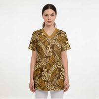 Brown Gold Monstera Scrub Top Polynesian Tribal Pattern LT01 - Polynesian Pride