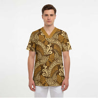 Brown Gold Monstera Scrub Top Polynesian Tribal Pattern LT01 - Polynesian Pride