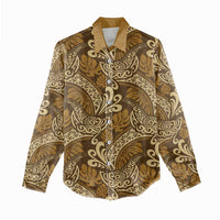 Brown Gold Monstera Women Casual Shirt Polynesian Tribal Pattern - Polynesian Pride