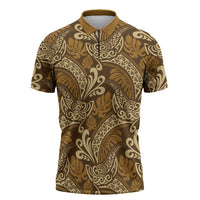 Brown Gold Monstera Zipper Polo Shirt Polynesian Tribal Pattern LT01 Gold - Polynesian Pride