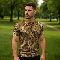 Brown Gold Monstera Zipper Polo Shirt Polynesian Tribal Pattern LT01 - Polynesian Pride
