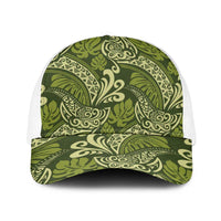 Olive Green Monstera Baseball Net Cap Polynesian Tribal Pattern LT01 One Size White Green - Polynesian Pride
