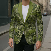 Olive Green Monstera Blazer Polynesian Tribal Pattern - Polynesian Pride