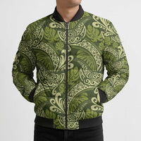 Olive Green Monstera Bomber Puffer Jacket Polynesian Tribal Pattern LT01 - Polynesian Pride