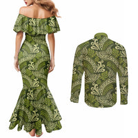 Olive Green Monstera Couples Matching Mermaid Dress and Long Sleeve Button Shirt Polynesian Tribal Pattern LT01 - Polynesian Pride