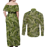 Olive Green Monstera Couples Matching Off Shoulder Maxi Dress and Long Sleeve Button Shirt Polynesian Tribal Pattern LT01 - Polynesian Pride