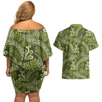 Olive Green Monstera Couples Matching Off Shoulder Short Dress and Hawaiian Shirt Polynesian Tribal Pattern - Polynesian Pride