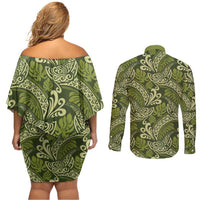 Olive Green Monstera Couples Matching Off Shoulder Short Dress and Long Sleeve Button Shirt Polynesian Tribal Pattern LT01 - Polynesian Pride