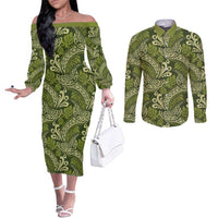 Olive Green Monstera Couples Matching Off The Shoulder Long Sleeve Dress and Long Sleeve Button Shirt Polynesian Tribal Pattern - Polynesian Pride