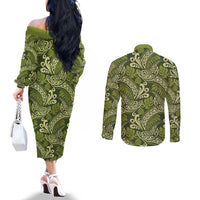 Olive Green Monstera Couples Matching Off The Shoulder Long Sleeve Dress and Long Sleeve Button Shirt Polynesian Tribal Pattern - Polynesian Pride