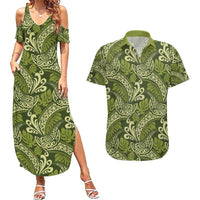 Olive Green Monstera Couples Matching Summer Maxi Dress and Hawaiian Shirt Polynesian Tribal Pattern - Polynesian Pride