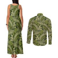 Olive Green Monstera Couples Matching Tank Maxi Dress and Long Sleeve Button Shirt Polynesian Tribal Pattern LT01 - Polynesian Pride