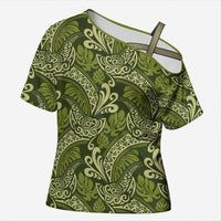 Olive Green Monstera Cross Shoulder Shirt Polynesian Tribal Pattern LT01 Female Green - Polynesian Pride